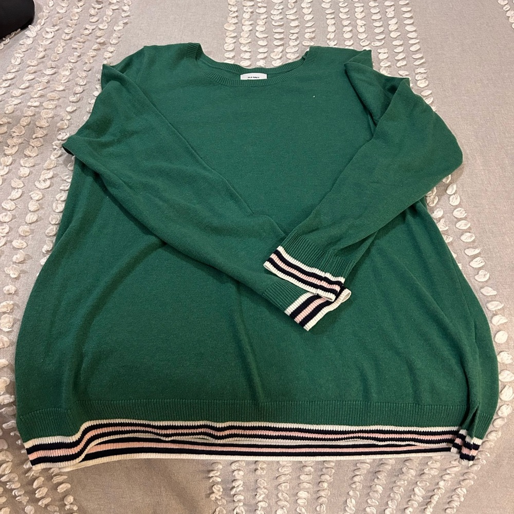 Old Navy Green Sweater with Striped Trim